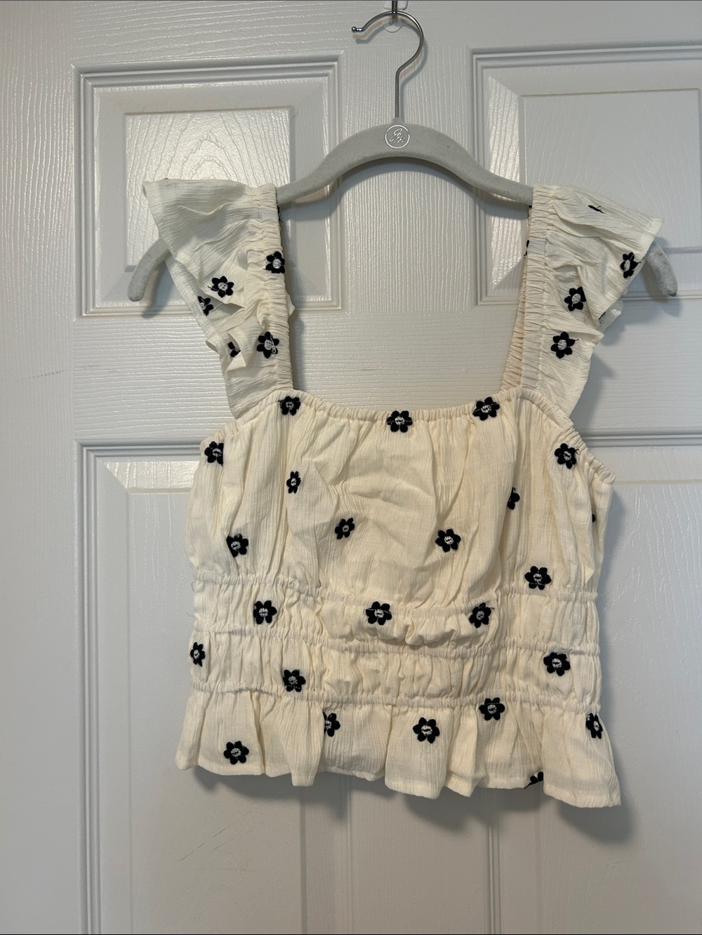 Hem & Thread Cream Ruffled Crop Top with Black Floral Embroidery